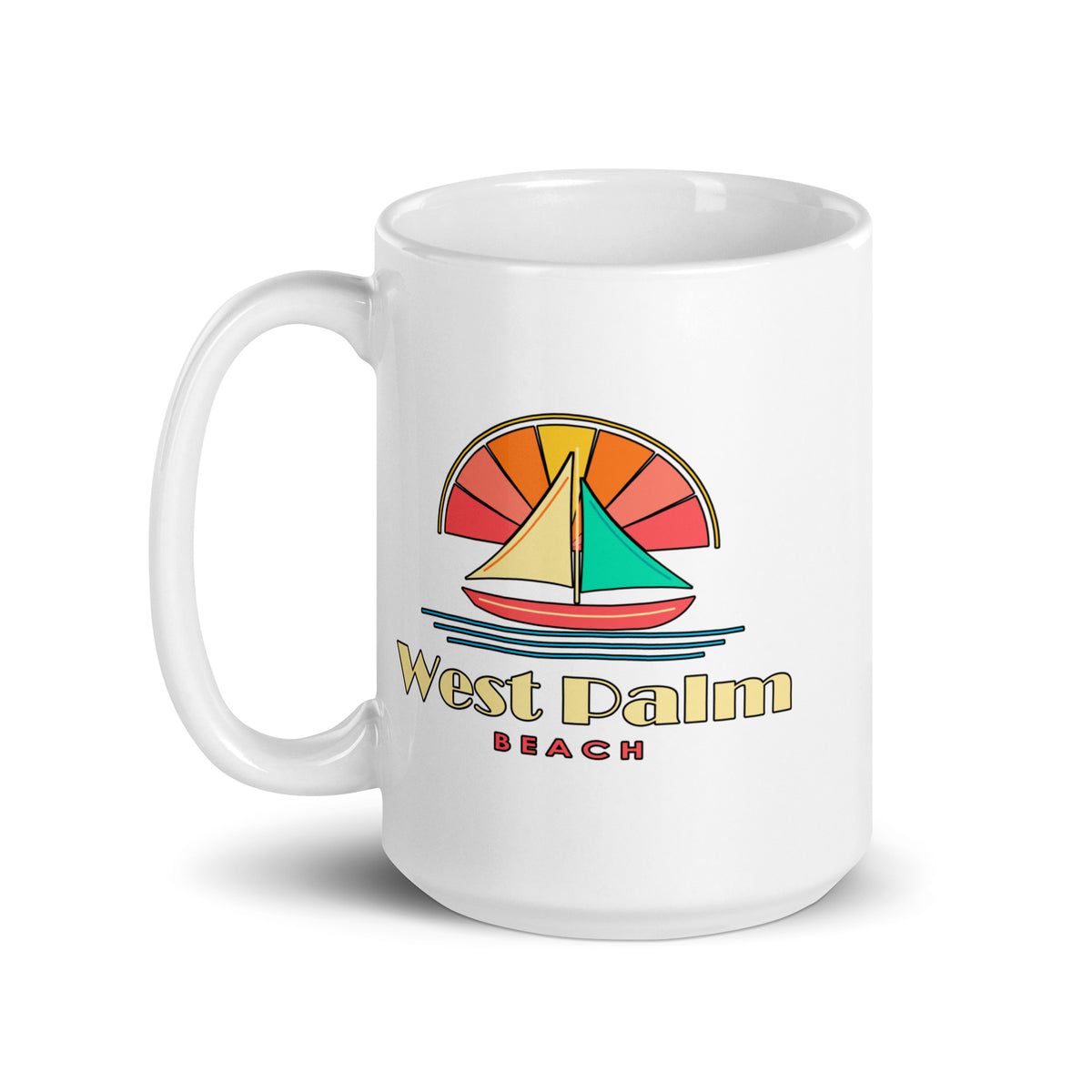 West Palm Beach — White mug, 15 oz, left side, logo on both sides