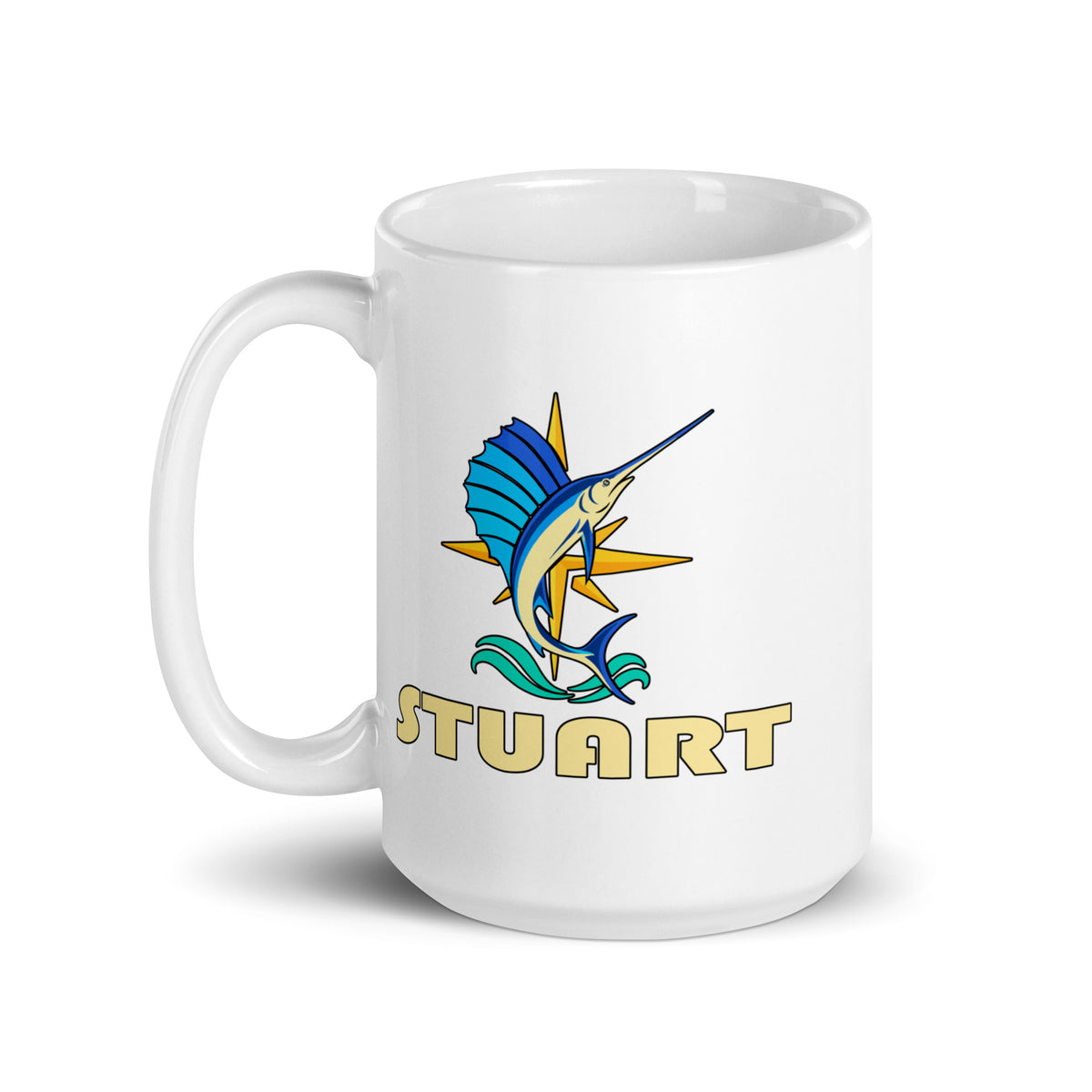Stuart — White mug, 15 oz, left side, logo on both sides
