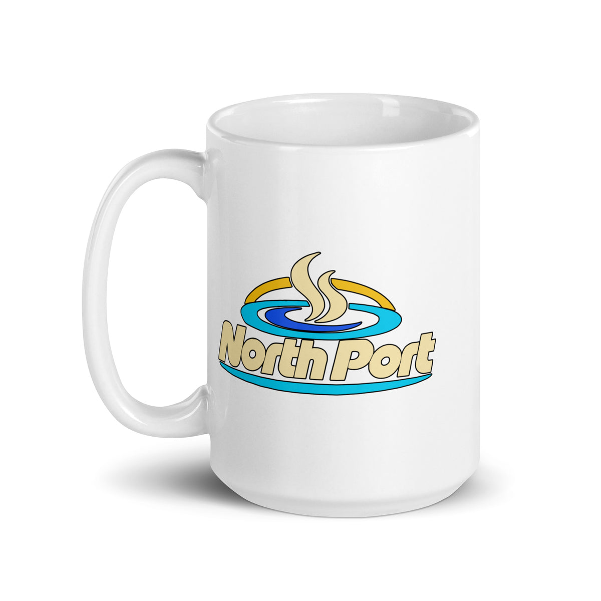 North Port — White mug, 15 oz, left side, logo on both sides