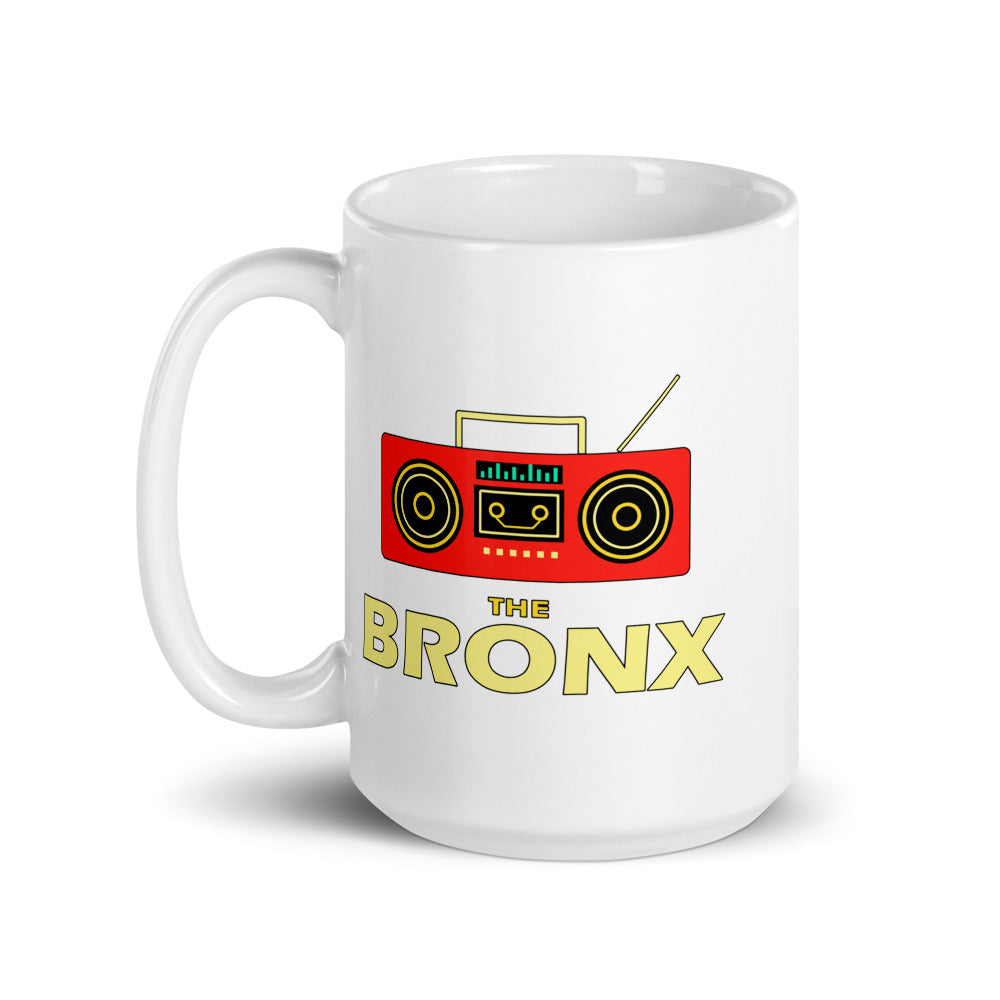 The Bronx — white mug, 15 oz, left side, logo on both sides