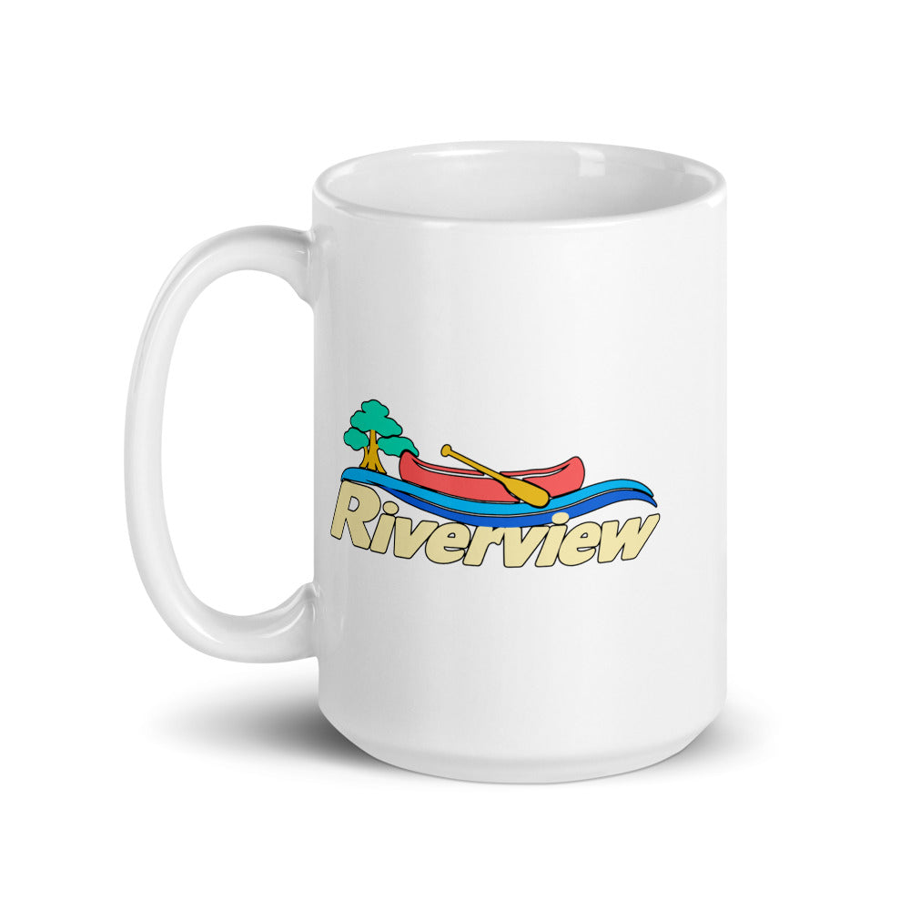 Riverview — white mug, 15 oz, left side, logo on both sides