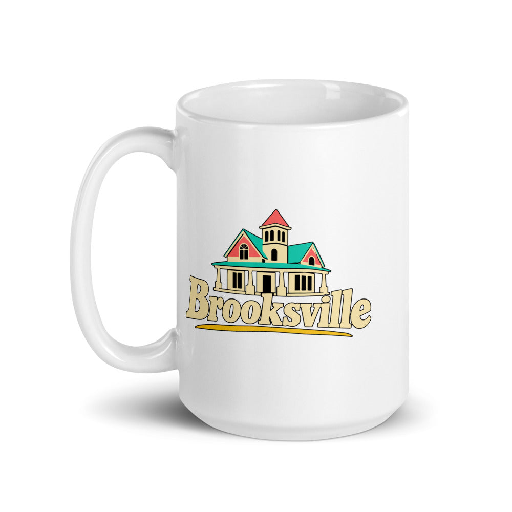 Brooksville — white mug, 15 oz, left side, logo on both sides