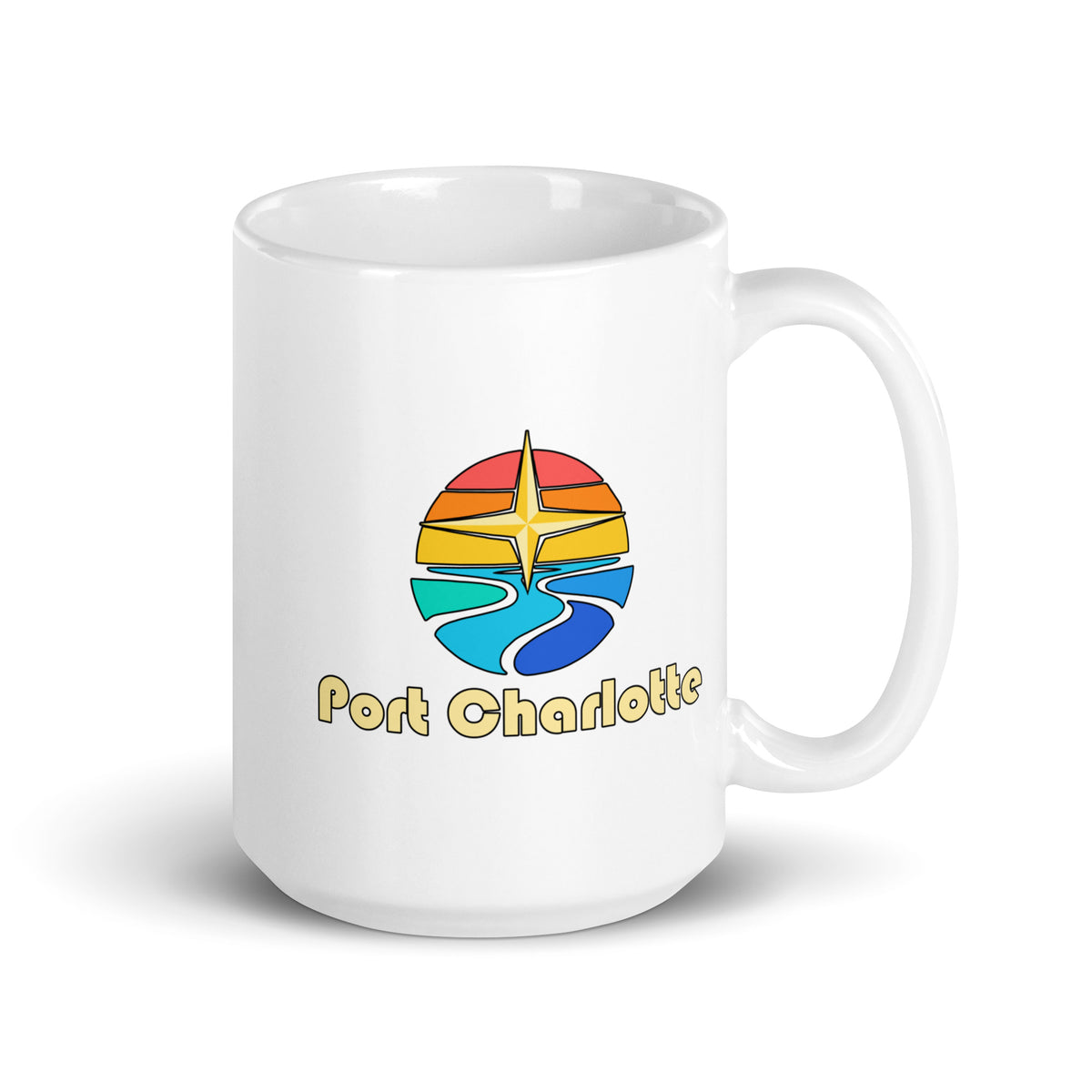 Port Charlotte — White mug, 15 oz, right side, logo on both sides