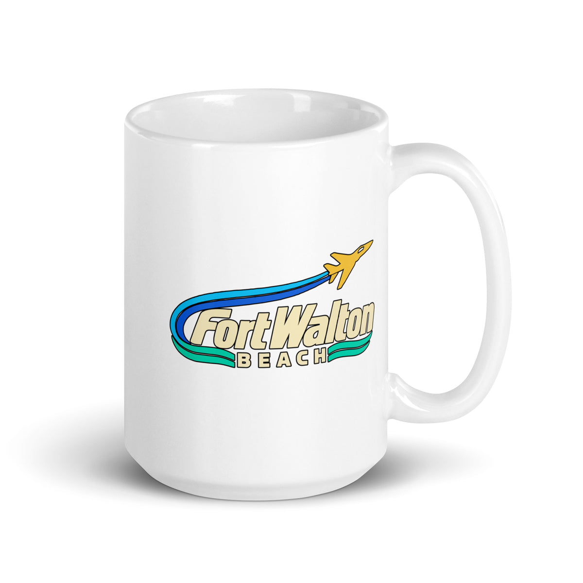 Fort Walton Beach — White mug, 15 oz, right side, logo on both sides