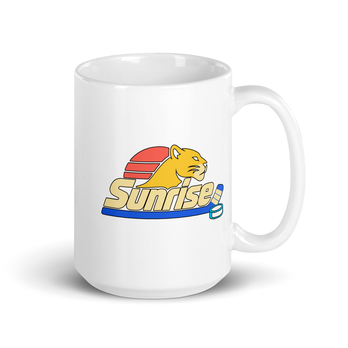 Sunrise — White mug, 15 oz, right side, logo on both sides