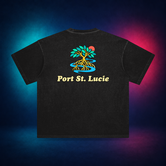 Port St. Lucie — Retro Black — large back print | Vision Neon midnight studio