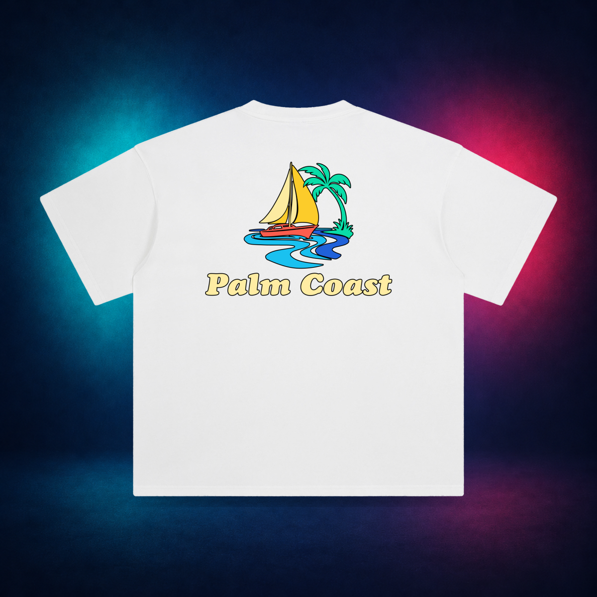 Palm Coast — White — large back print | Vision Neon midnight studio