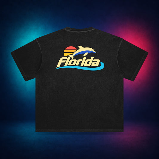 Florida Dolphin Sunset — Retro Black — back only print | Vision Neon midnight studio