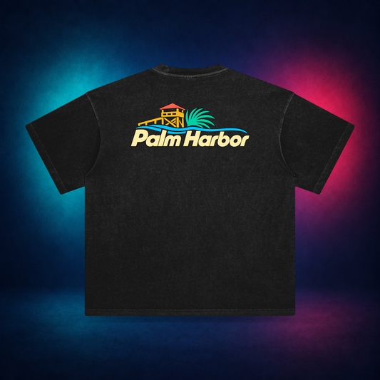 Palm Harbor — Retro Black — large back print | Vision Neon midnight studio
