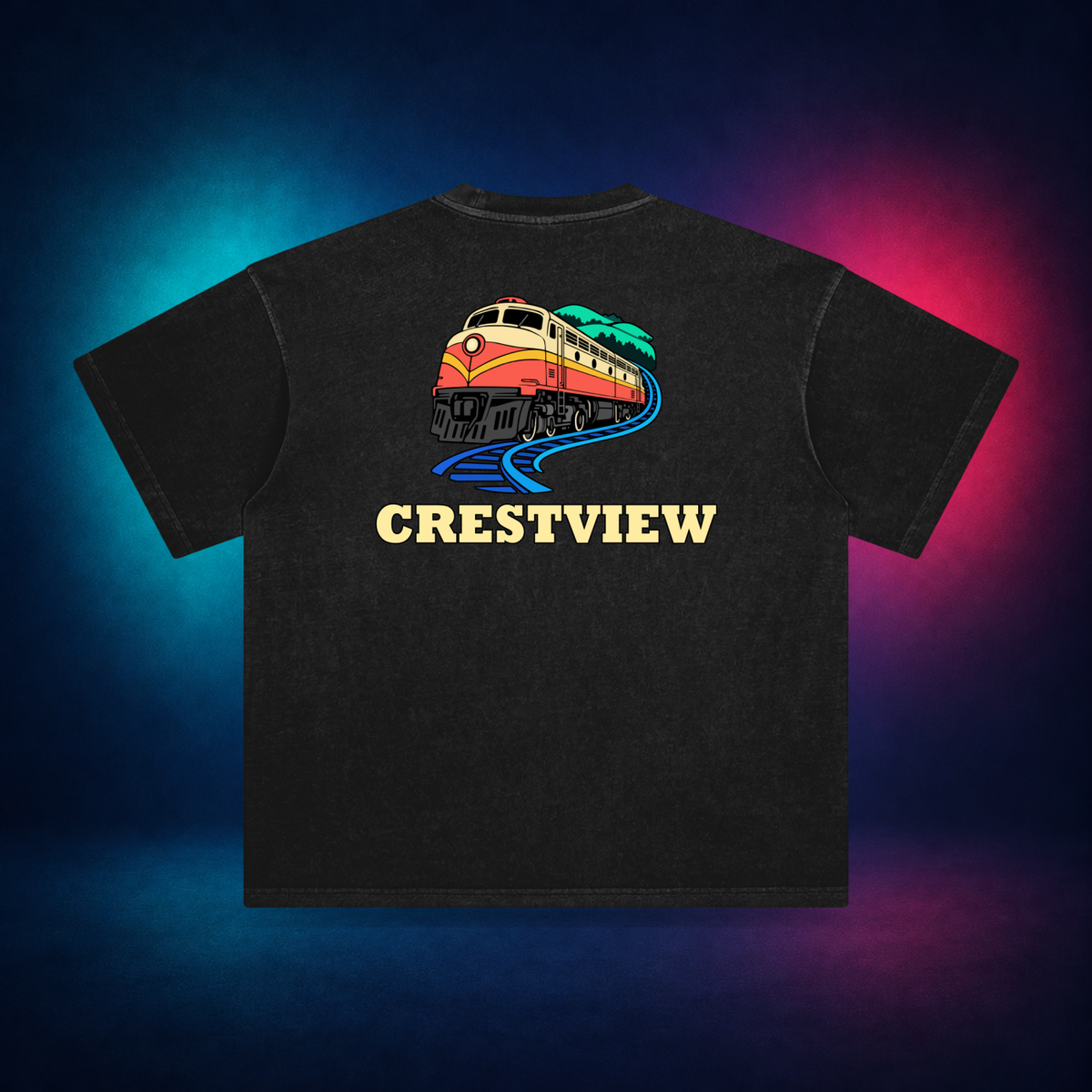 Crestview — Retro Black — large back print | Vision Neon midnight studio