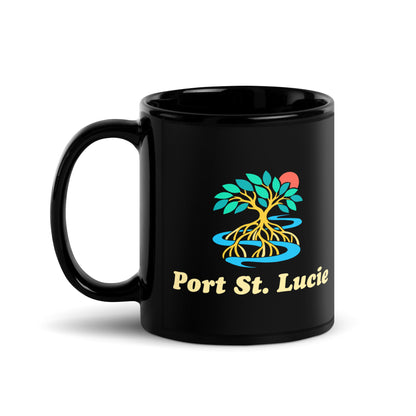 Port St. Lucie — Black mug, 11 oz, left side, logo on both sides