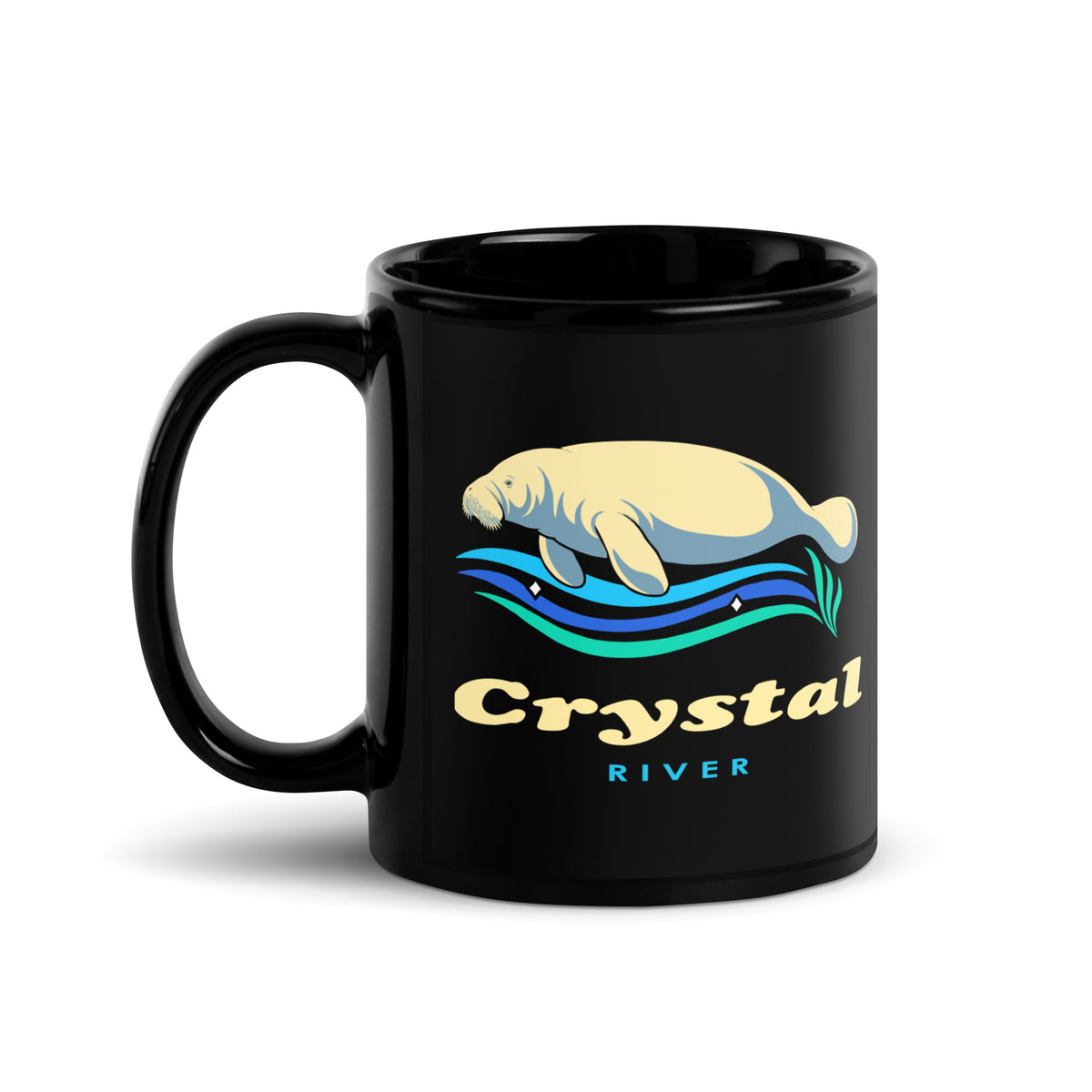 Crystal River — Black mug, 11 oz, left side, logo on both sides