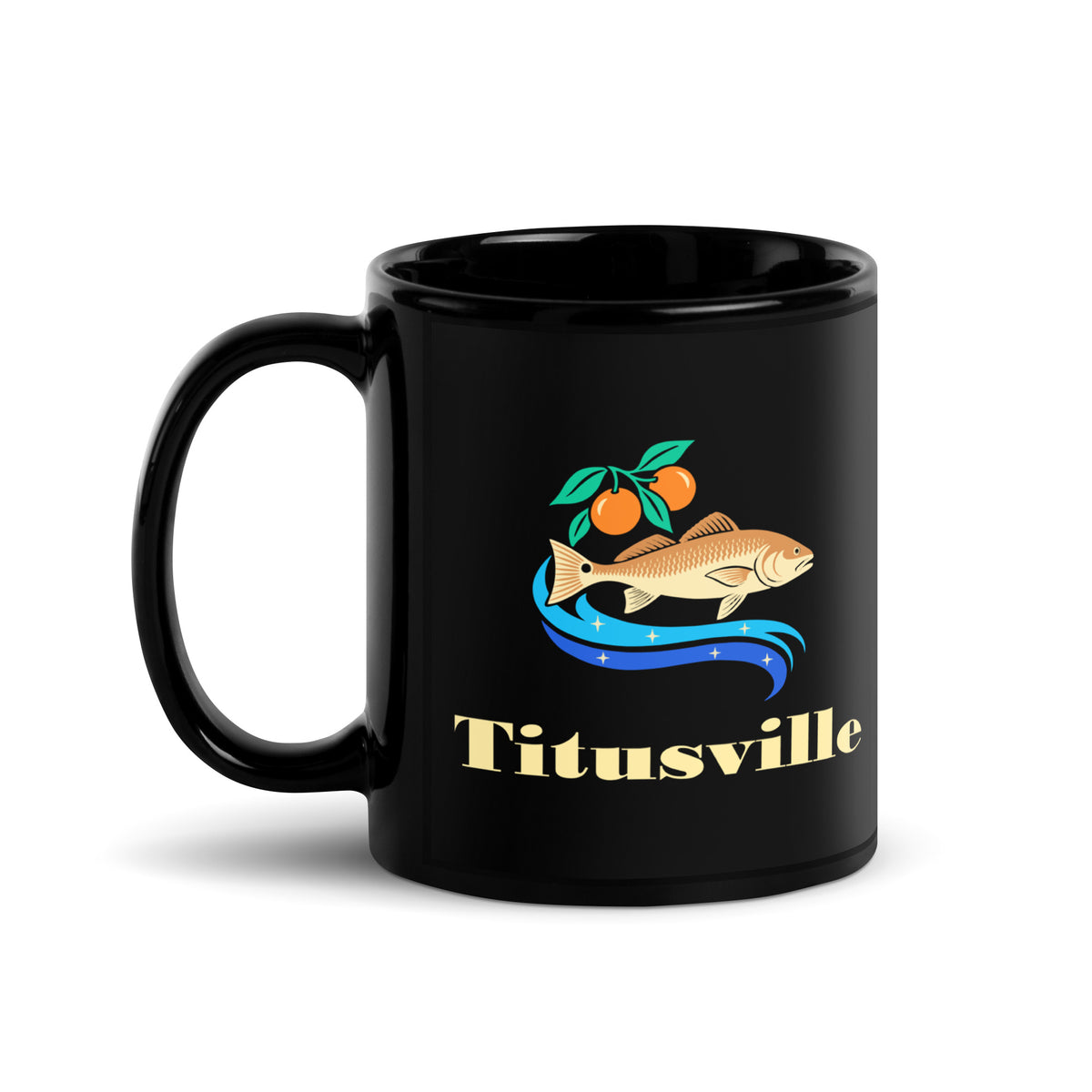 Titusville — Black mug, 11 oz, left side, logo on both sides