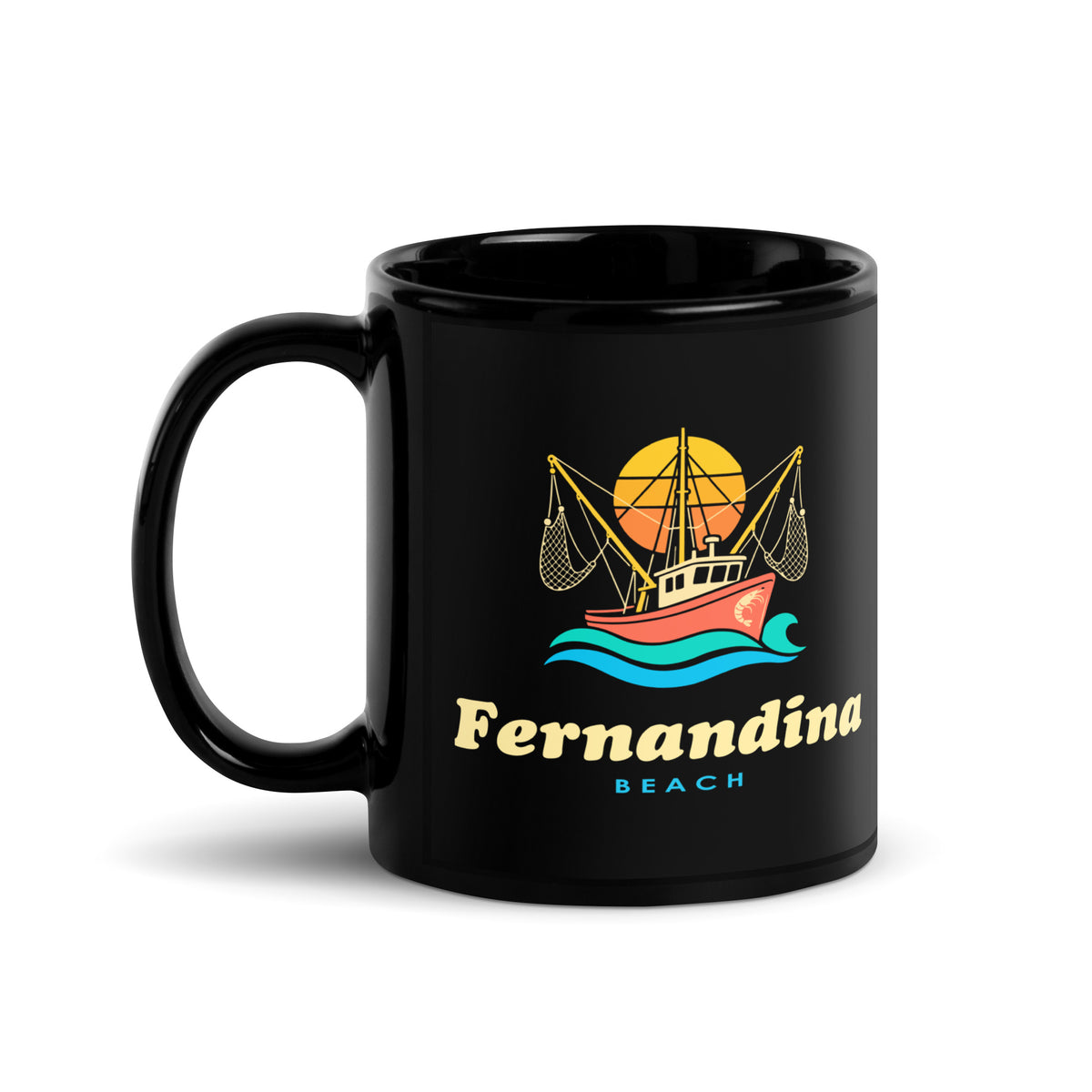Fernandina Beach — Black mug, 11 oz, left side, logo on both sides