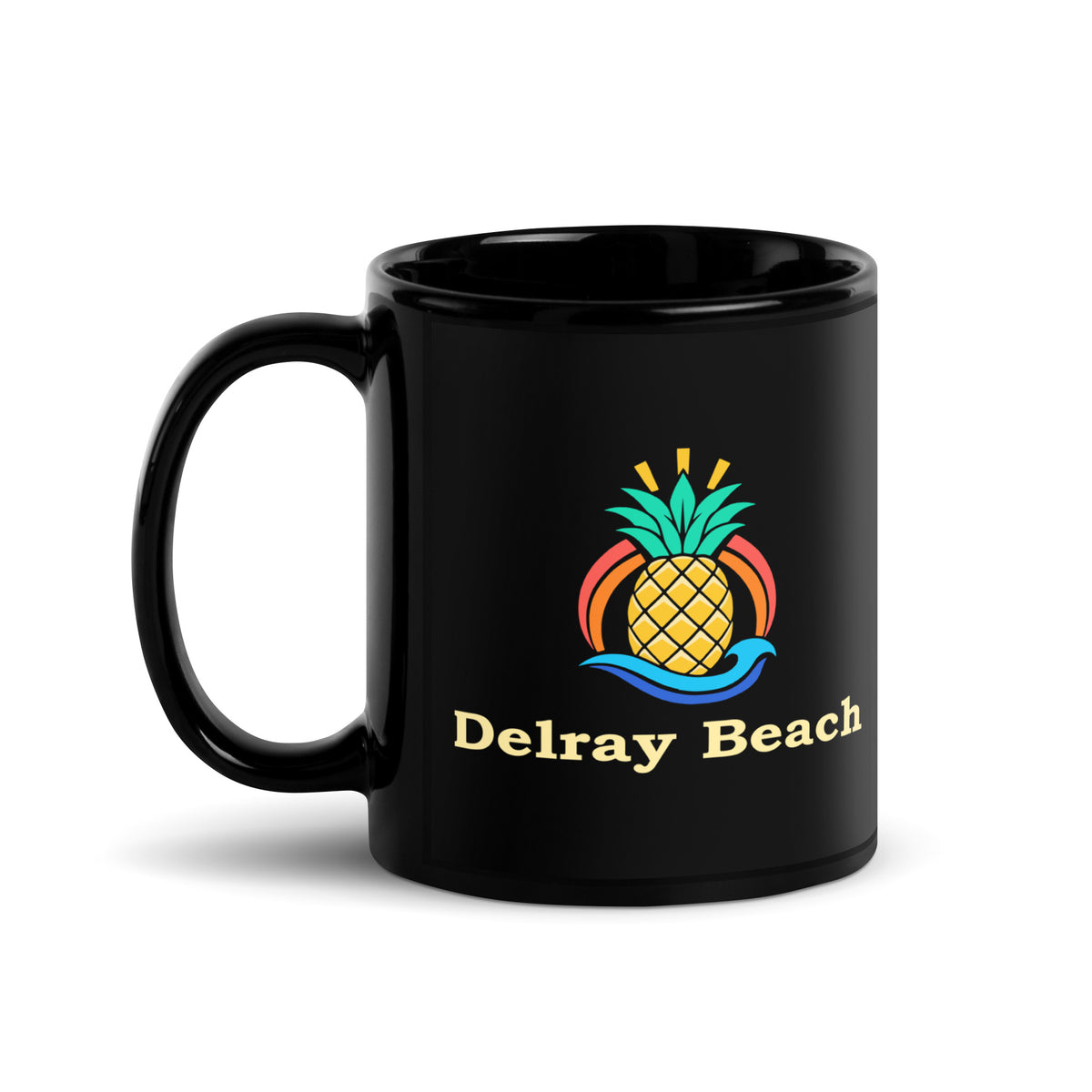 Delray Beach — Black mug, 11 oz, left side, logo on both sides