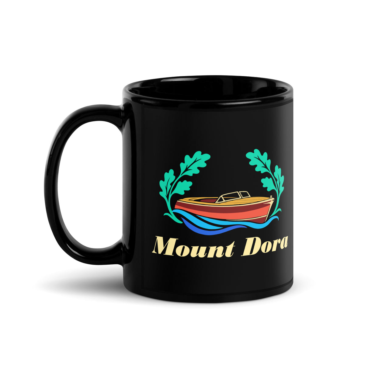 Mount Dora — Black mug, 11 oz, left side, logo on both sides