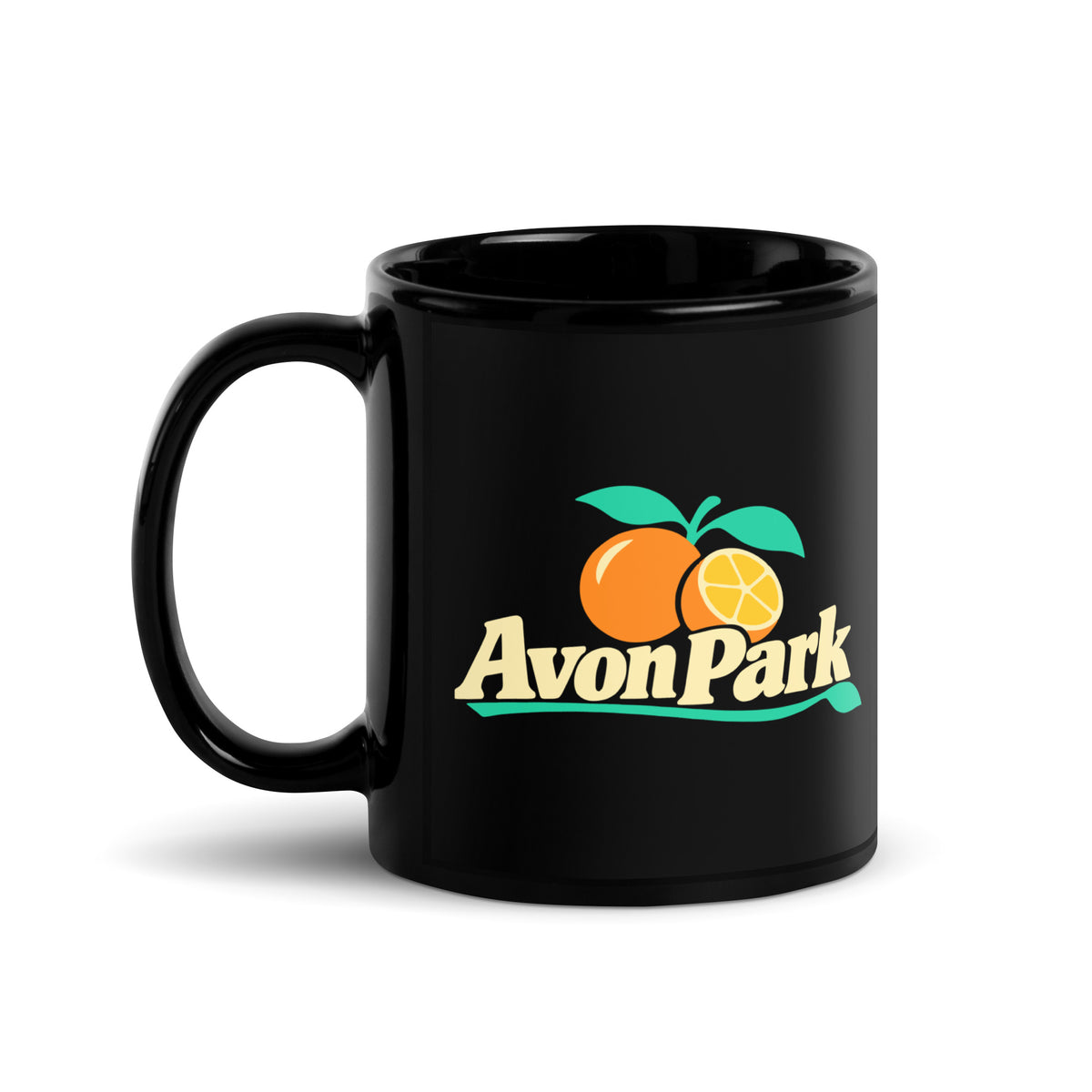 Avon Park — Black mug, 11 oz, left side, logo on both sides