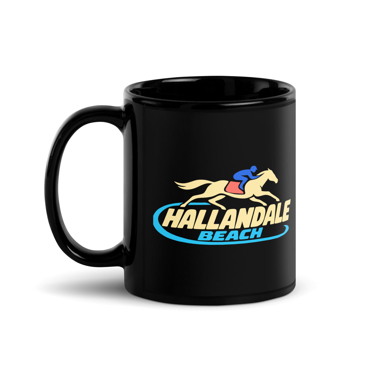 Hallandale Beach — Black mug, 11 oz, left side, logo on both sides