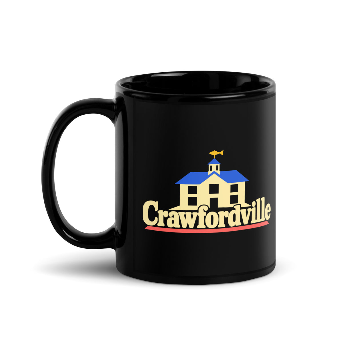 Crawfordville — Black mug, 11 oz, left side, logo on both sides