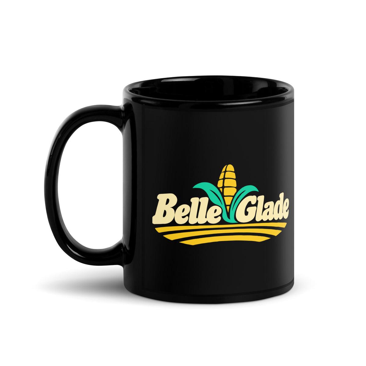 Belle Glade — Black mug, 11 oz, left side, logo on both sides