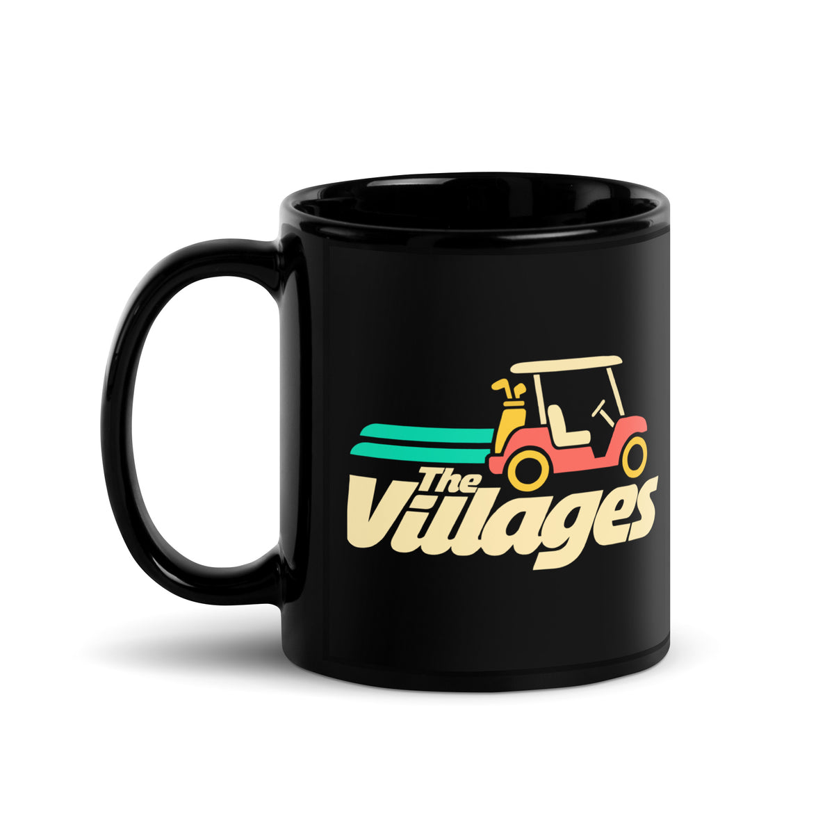 The Villages — Black mug, 11 oz, left side, logo on both sides