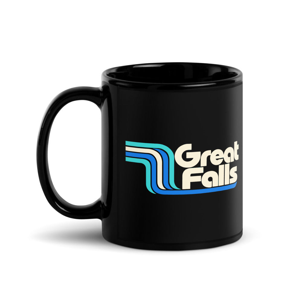 Great Falls — black mug, 11 oz, left side, logo on both sides