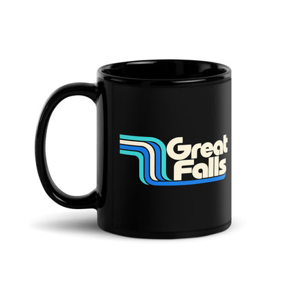Great Falls — black mug, 11 oz, left side, logo on both sides