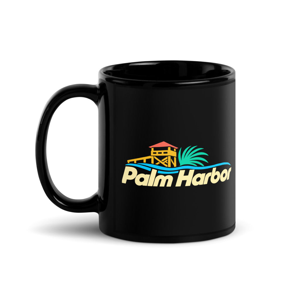 Palm Harbor — black mug, 11 oz, left side, logo on both sides