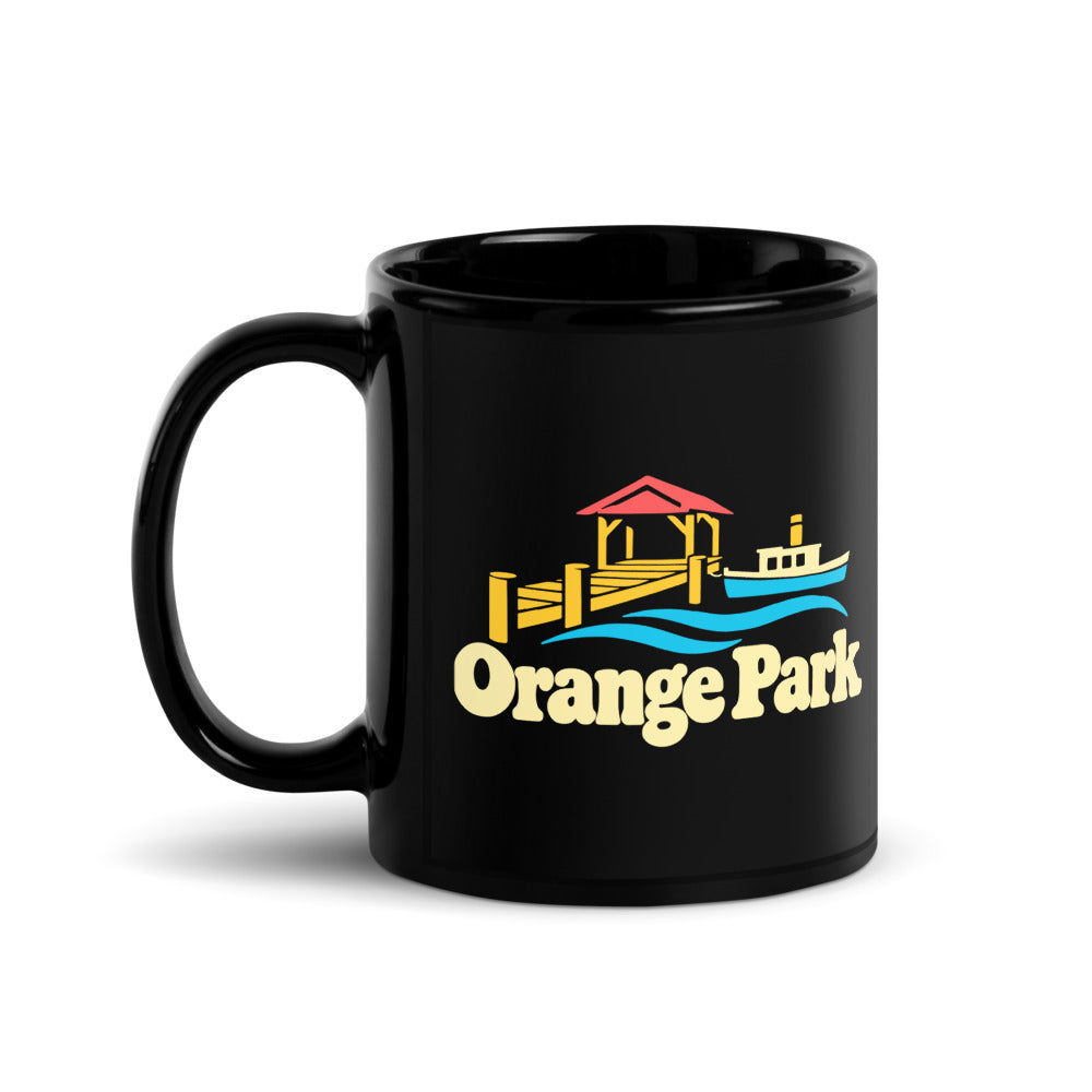 Orange Park — black mug, 11 oz, left side, logo on both sides