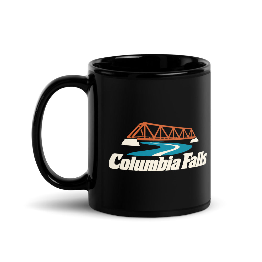 Columbia Falls — black mug, 11 oz, left side, logo on both sides
