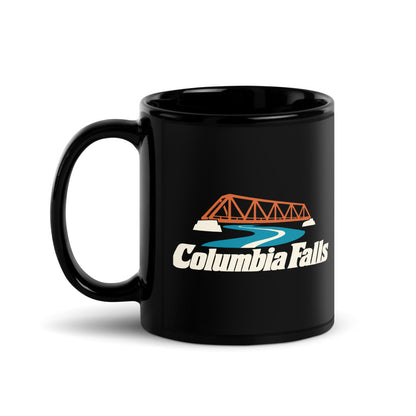 Columbia Falls — black mug, 11 oz, left side, logo on both sides