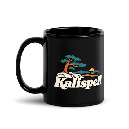 Kalispell — black mug, 11 oz, left side, logo on both sides