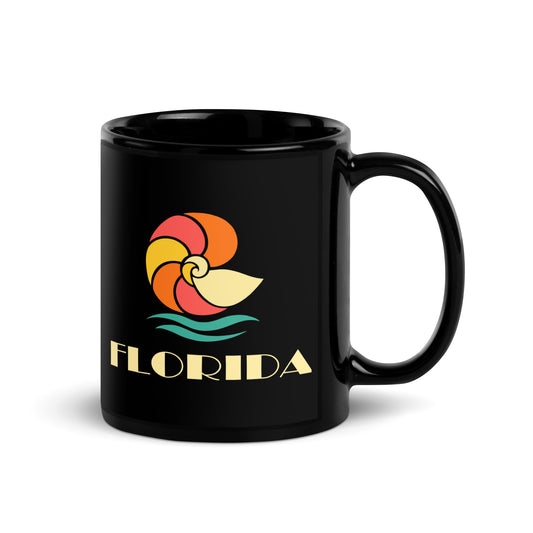 Florida Spiral Shell — Black mug, 11 oz, right side, logo on both sides