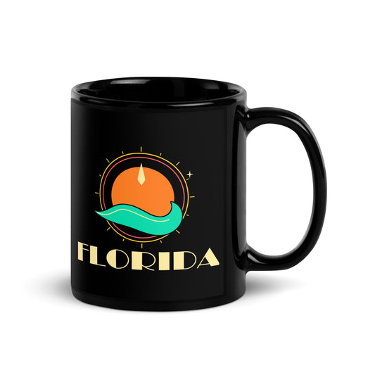 Florida Compass Wave — Black mug, 11 oz, right side, logo on both sides
