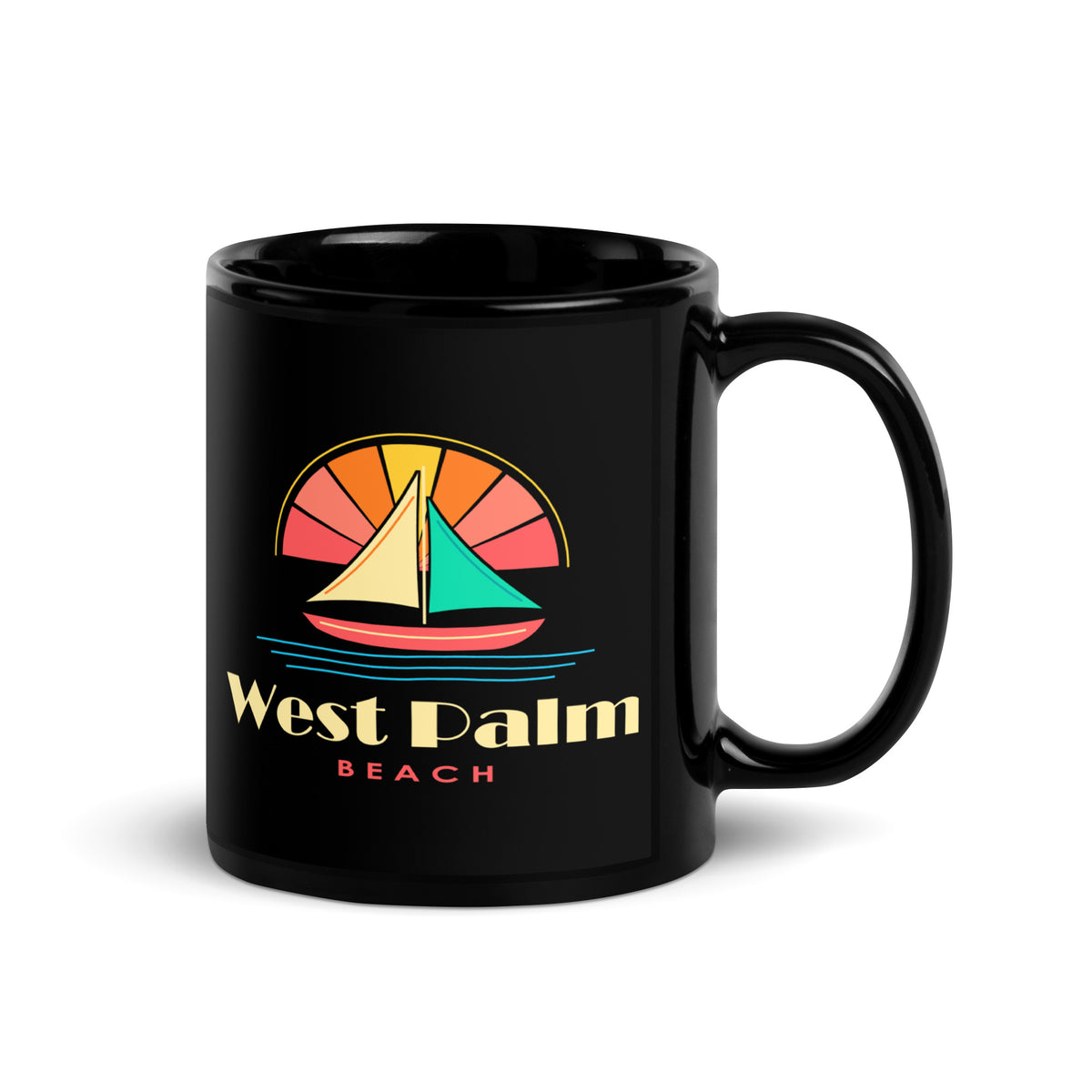 West Palm Beach — Black mug, 11 oz, right side, logo on both sides