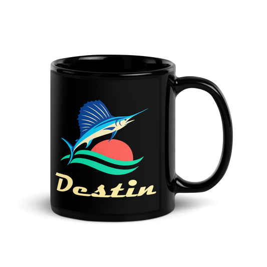 Destin — Black mug, 11 oz, right side, logo on both sides