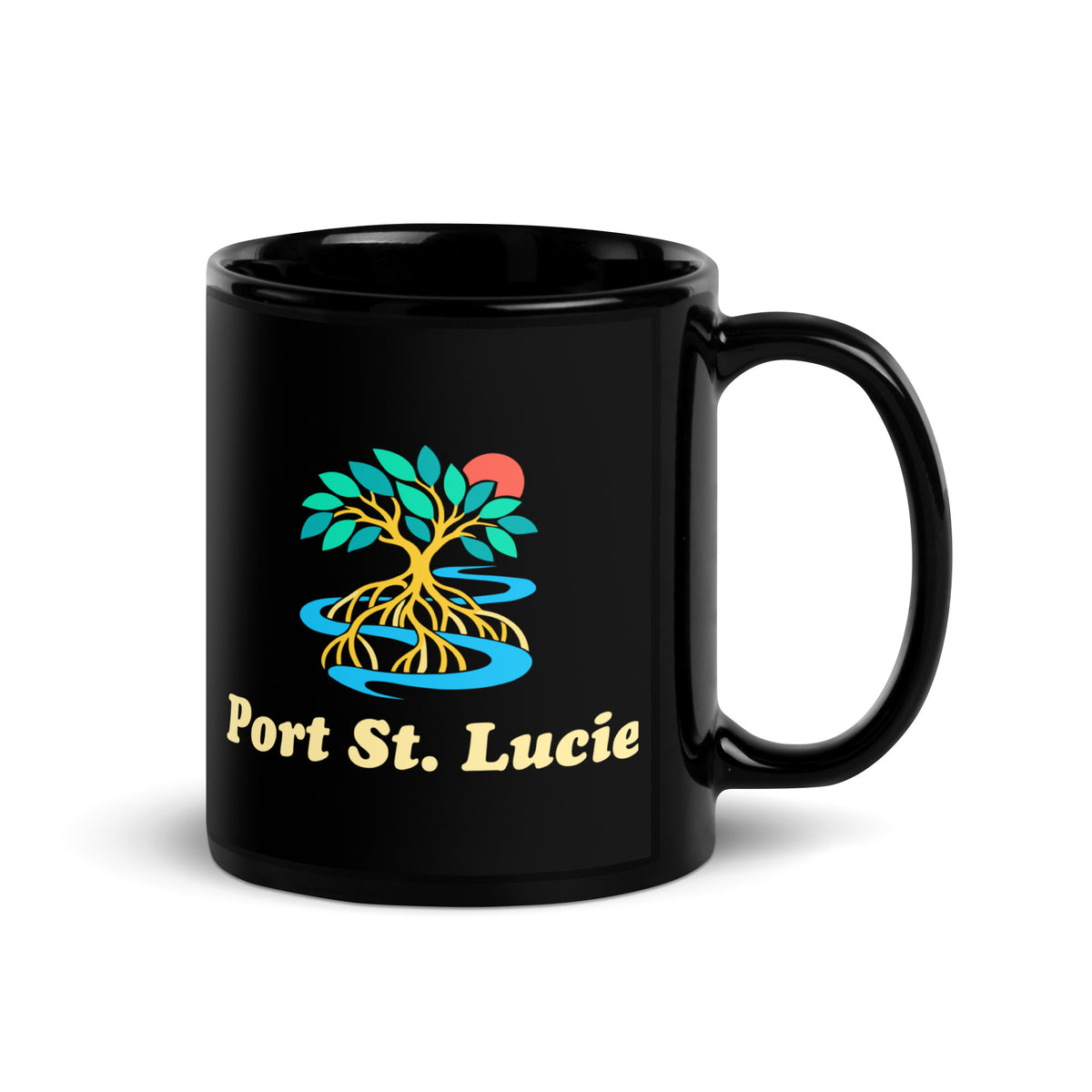 Port St. Lucie — Black mug, 11 oz, right side, logo on both sides