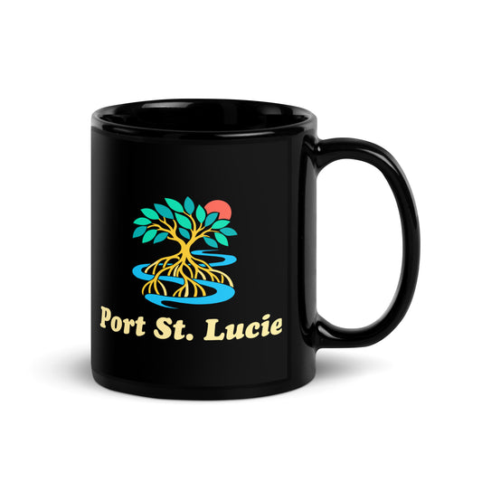 Port St. Lucie — Black mug, 11 oz, right side, logo on both sides