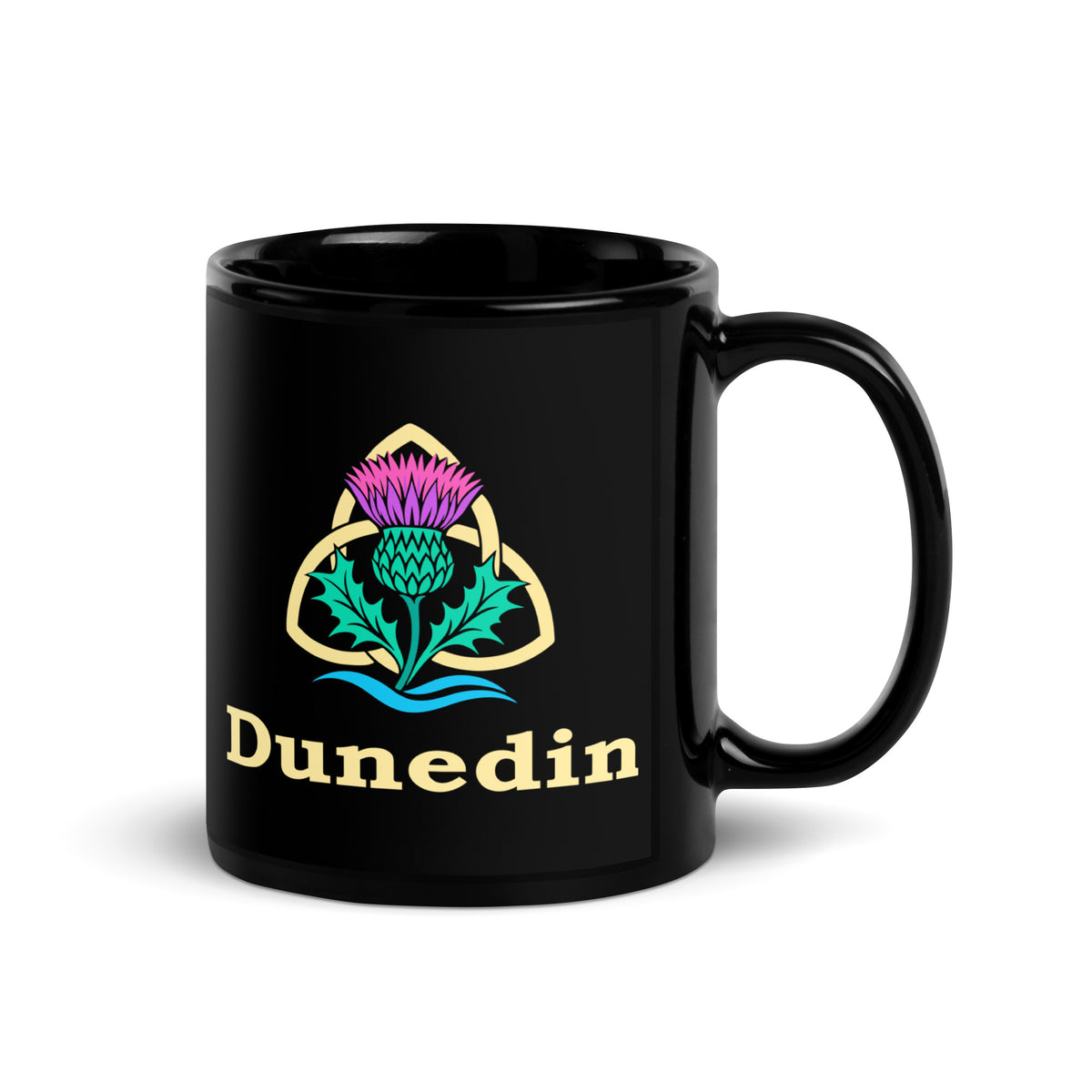 Dunedin — Black mug, 11 oz, right side, logo on both sides