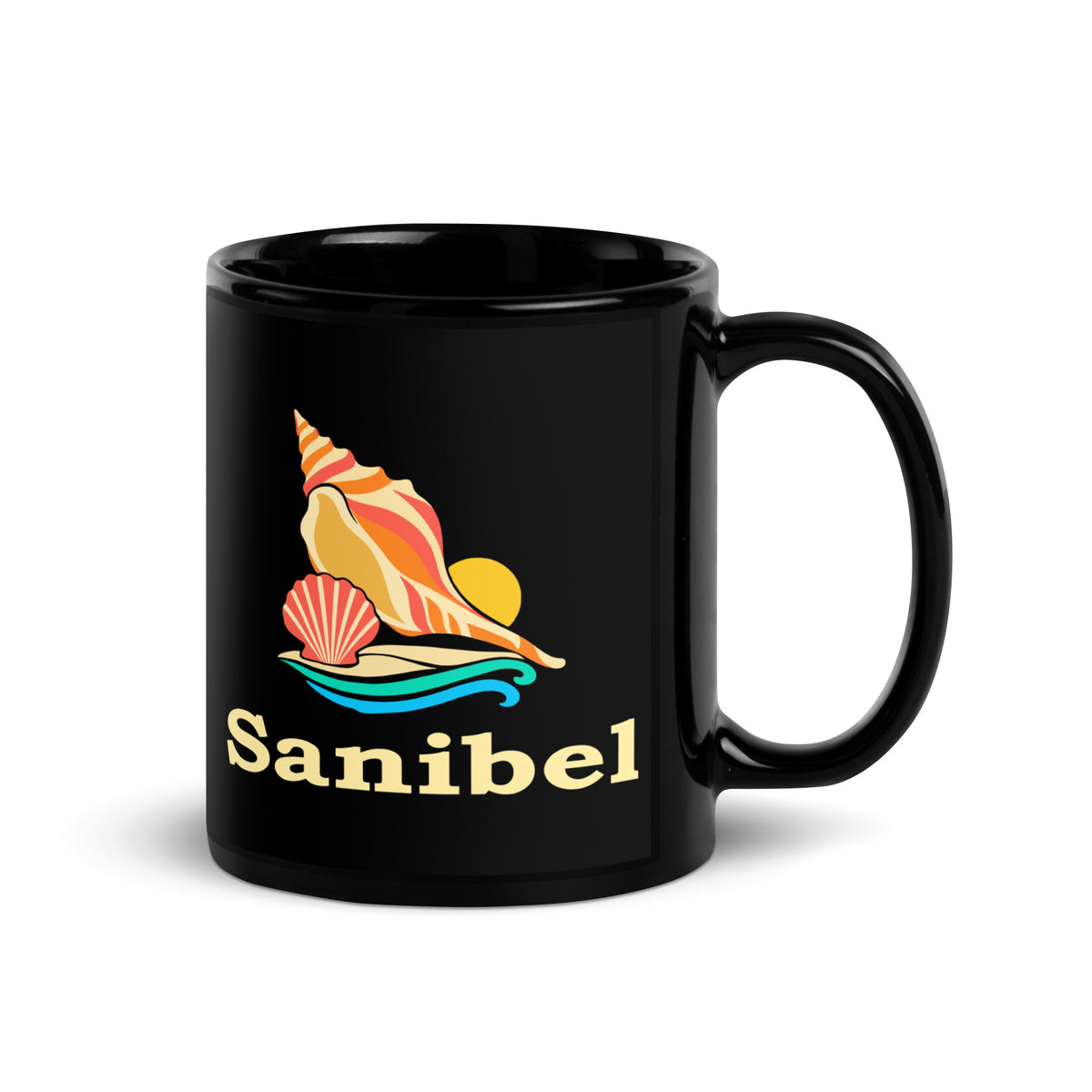 Sanibel — Black mug, 11 oz, right side, logo on both sides