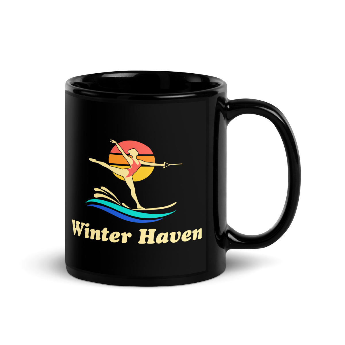 Winter Haven — Black mug, 11 oz, right side, logo on both sides
