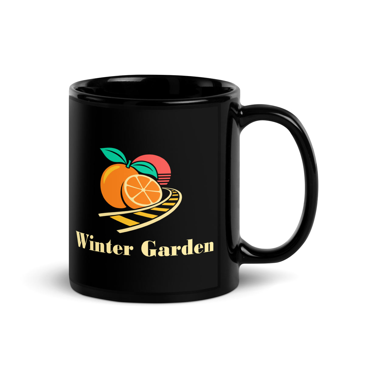 Winter Garden — Black mug, 11 oz, right side, logo on both sides