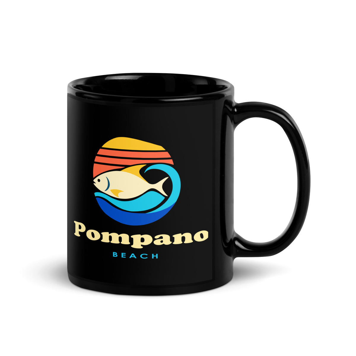 Pompano Beach — Black mug, 11 oz, right side, logo on both sides