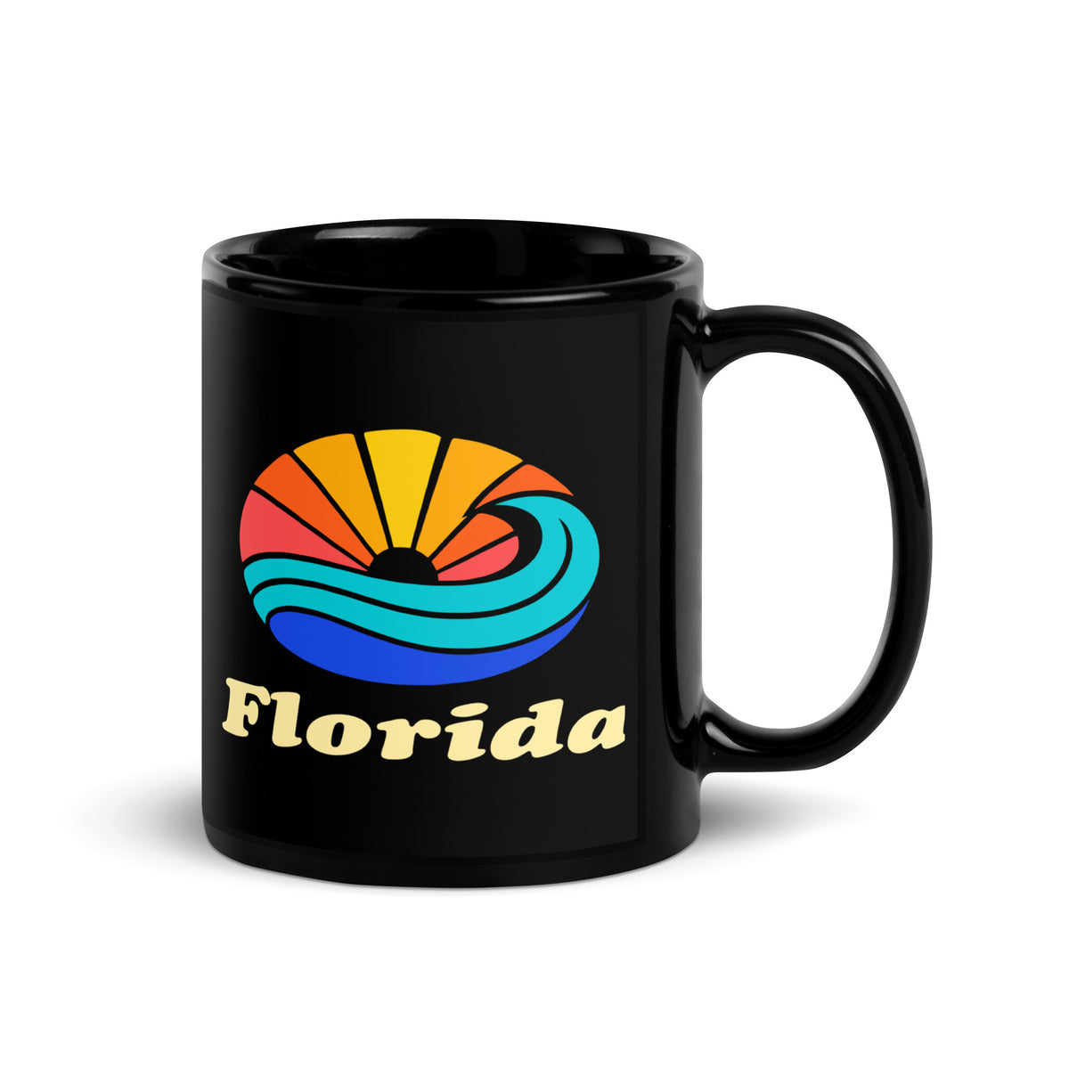 Florida Sunset Wave — Black mug, 11 oz, right side, logo on both sides