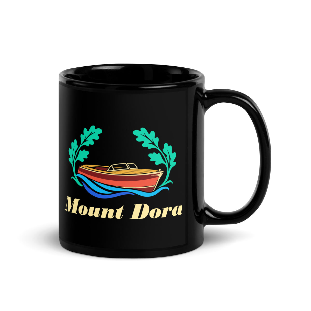 Mount Dora — Black mug, 11 oz, right side, logo on both sides