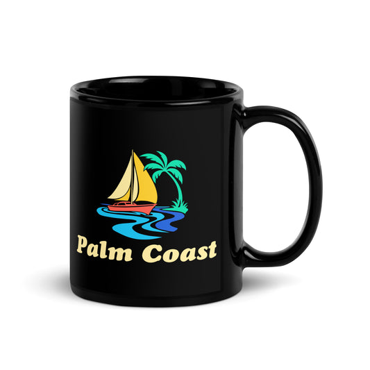 Palm Coast — Black mug, 11 oz, right side, logo on both sides