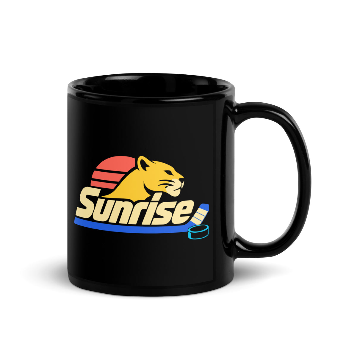 Sunrise — Black mug, 11 oz, right side, logo on both sides