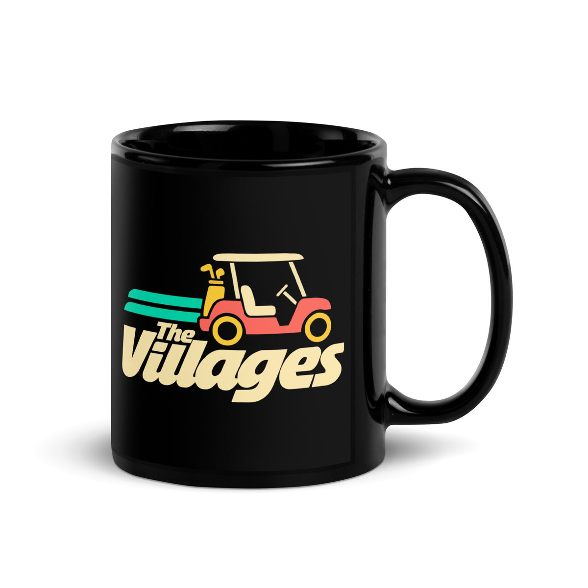 The Villages — Black mug, 11 oz, right side, logo on both sides