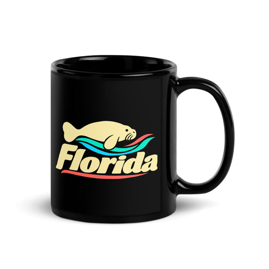 Florida Manatee — black mug, 11 oz, right side, logo on both sides
