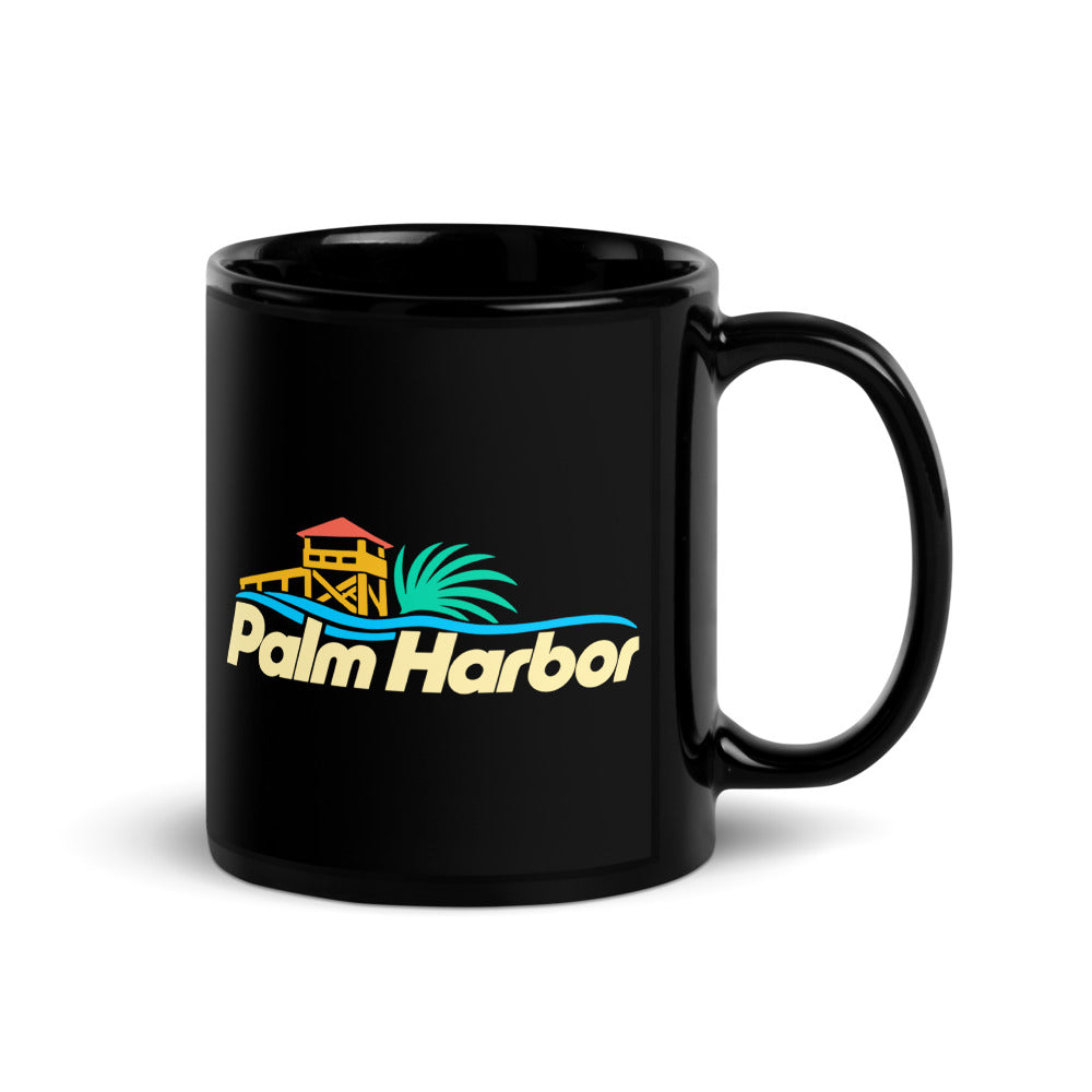 Palm Harbor — black mug, 11 oz, right side, logo on both sides